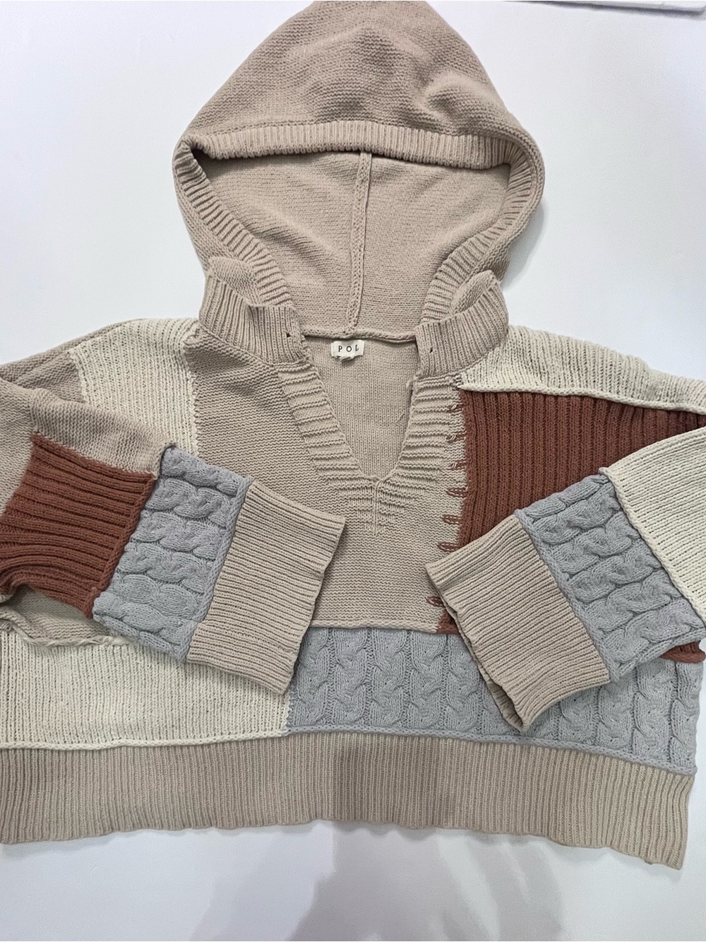 POL Patchwork Colorblock Oversized Hooded Knit Sweater L - Picture 6 of 9
